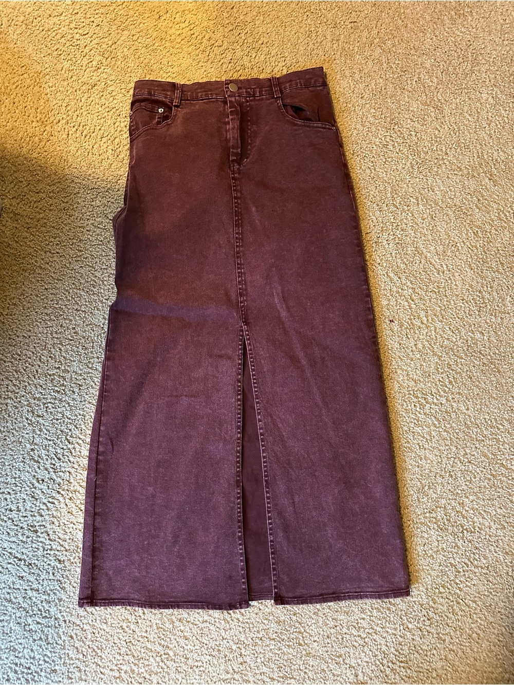 Hem & Thread Burgundy jean Skirt with Front Slit